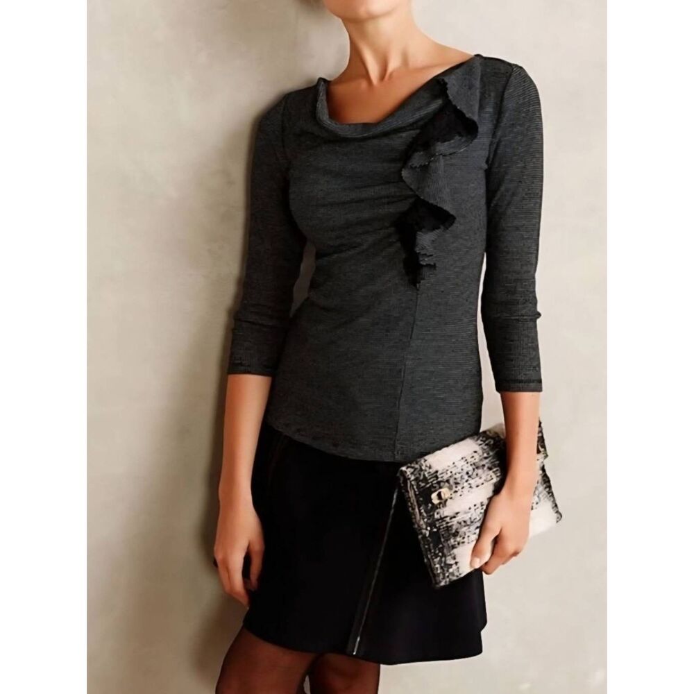 🔹️Anthropologie Deletta Black & Gray Ophelia Front Ruffle 3/4 Sleeve Top Medium